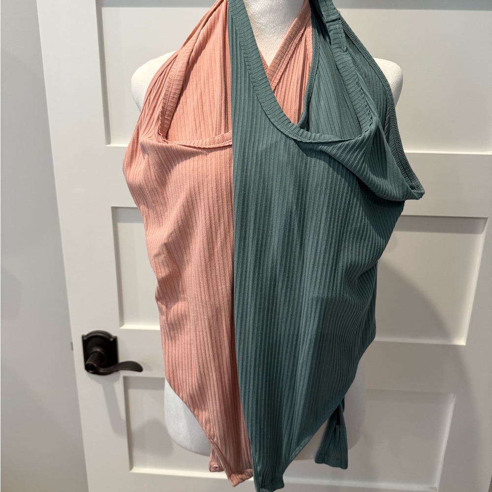 Free People 2 pack Bodysuits Peach and Sage Ribbed Fabric